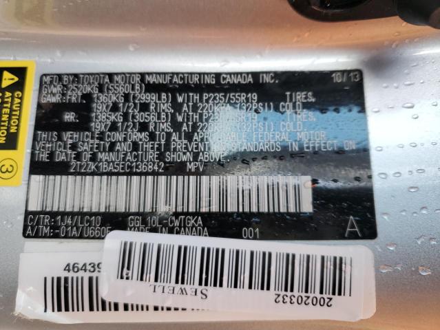 2T2ZK1BA5EC136842 - 2014 LEXUS RX 350 SILVER photo 13