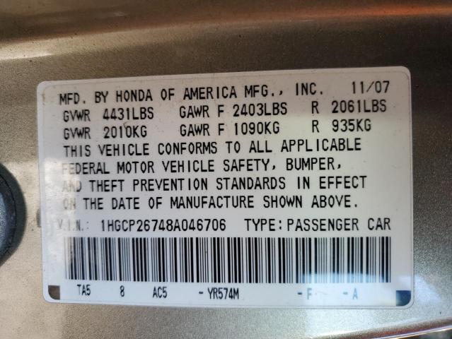 1HGCP26748A046706 - 2008 HONDA ACCORD EX TAN photo 12