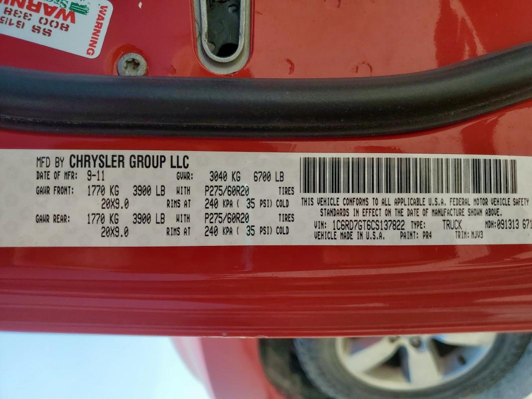 1C6RD7GT6CS137822 - 2012 DODGE RAM 1500 SLT Qırmızı foto 12