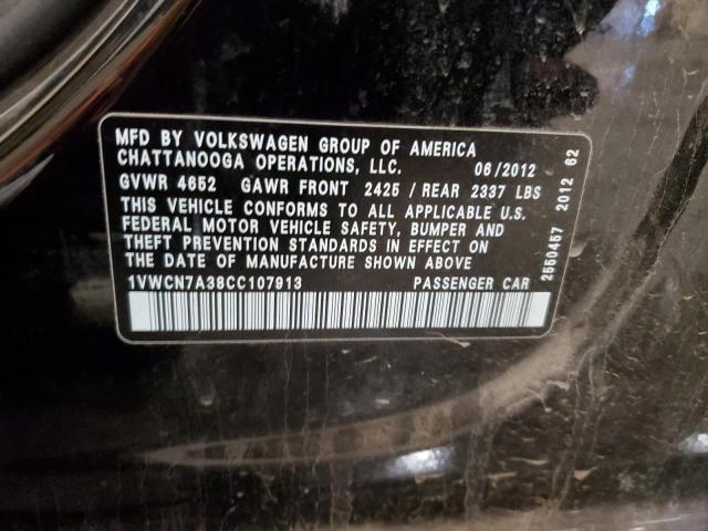 1VWCN7A38CC107913 - 2012 VOLKSWAGEN PASSAT SEL BLACK photo 13