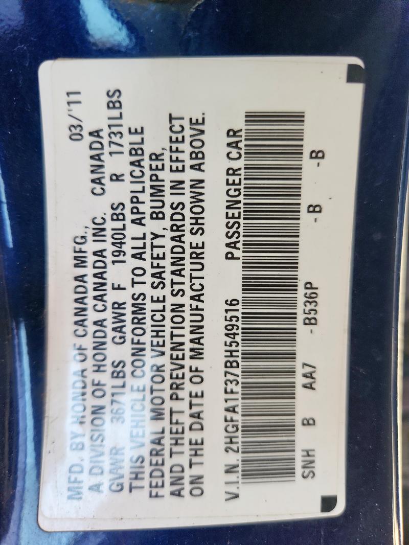 2HGFA1F37BH549516 - 2011 HONDA CIVIC VP 蓝色 照片 12