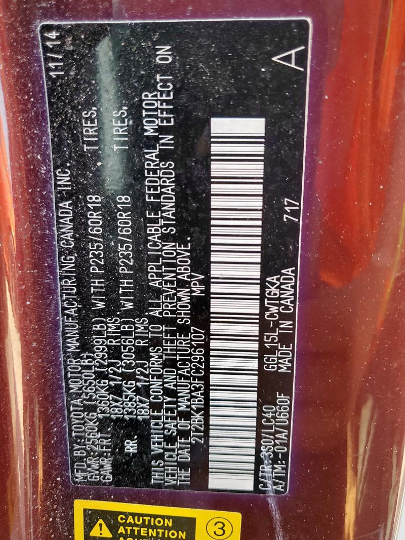 2T2BK1BA3FC296107 - 2015 LEXUS RX 350 BASE MAROON photo 13