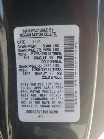 JN8DR09Y51W616490 - 2001 NISSAN PATHFINDER LE BLACK photo 13