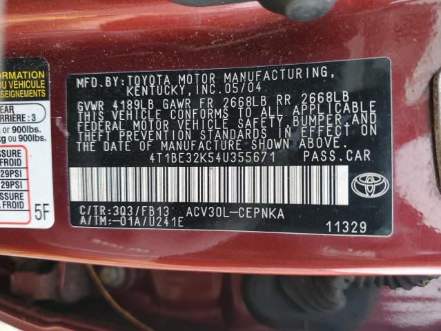4T1BE32K54U355671 - 2004 TOYOTA CAMRY LE RED photo 12