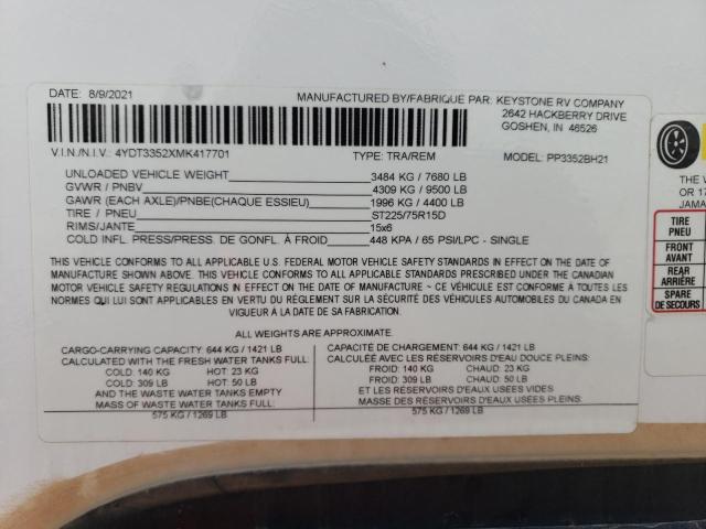 4YDT3352XMK417701 - 2021 KEYSTONE PASSPORT 白色 照片 10
