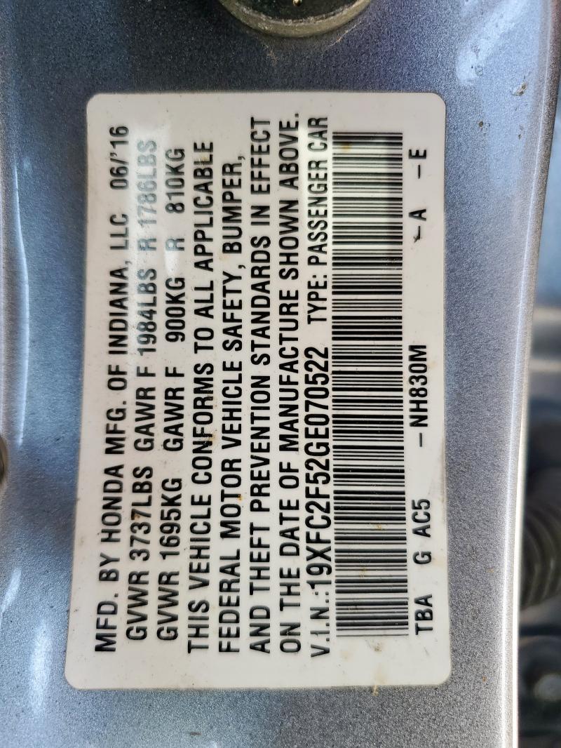 19XFC2F52GE070522 - 2016 HONDA CIVIC LX Күміс фото 14