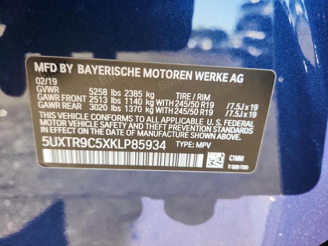 5UXTR9C5XKLP85934 - 2019 BMW X3 XDRIVE30I BLUE photo 12