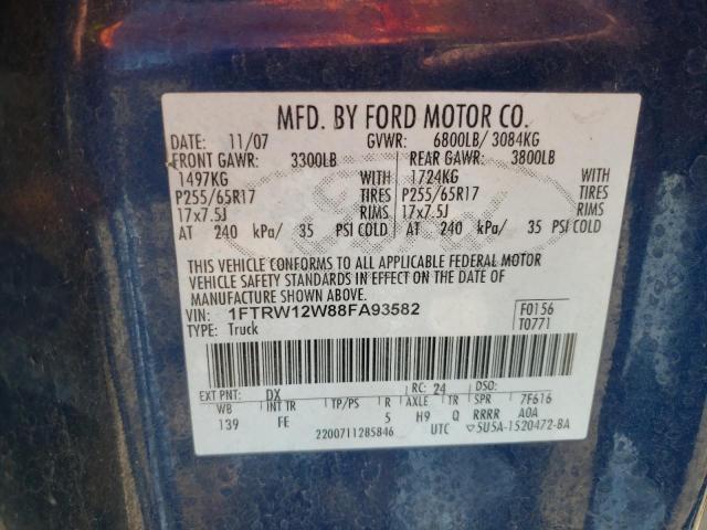 1FTRW12W88FA93582 - 2008 FORD F150 SUPERCREW BLUE photo 12