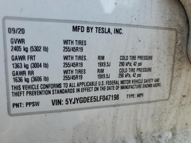 5YJYGDEE5LF047198 - 2020 TESLA MODEL Y WHITE photo 12