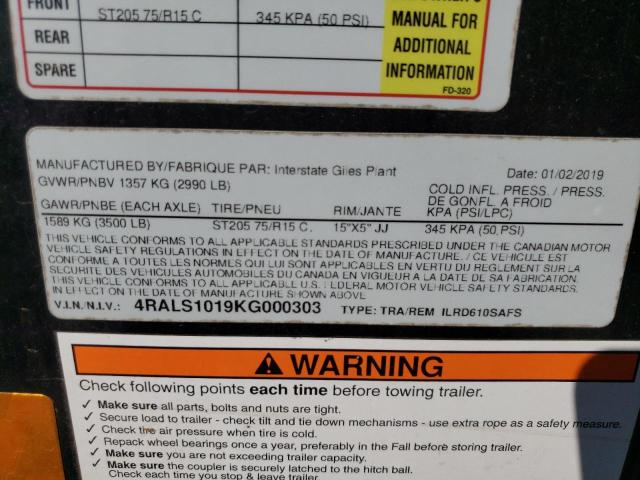 4RALS1019KG000303 - 2019 UTILITY TRAILER Սև լուսանկար 10