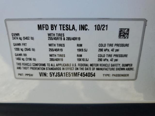 5YJSA1E51MF454054 - 2021 TESLA MODEL S 白色 照片 13