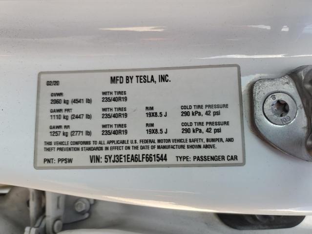 5YJ3E1EA6LF661544 - 2020 TESLA MODEL 3 WHITE photo 12