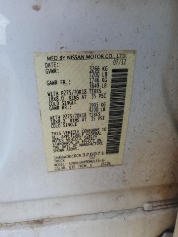 1N6BA0EC0CN326071 - 2012 NISSAN TITAN S 白色 照片 12