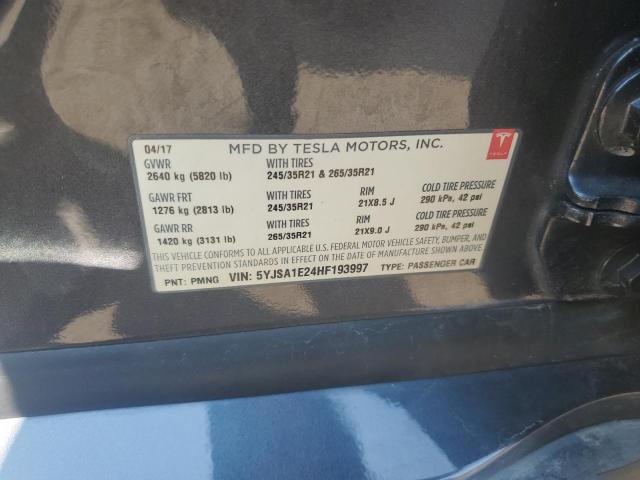 5YJSA1E24HF193997 - 2017 TESLA MODEL S Gris photo 12