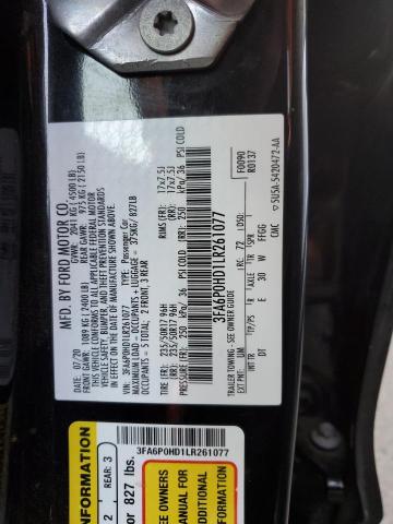 3FA6P0HD1LR261077 - 2020 FORD FUSION SE BLACK photo 12