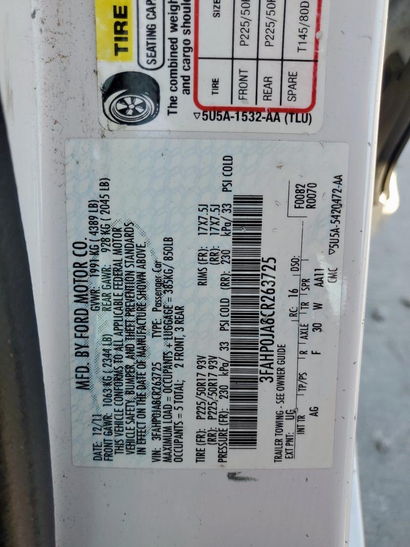 3FAHP0JA8CR263725 - 2012 FORD FUSION SEL WHITE photo 12