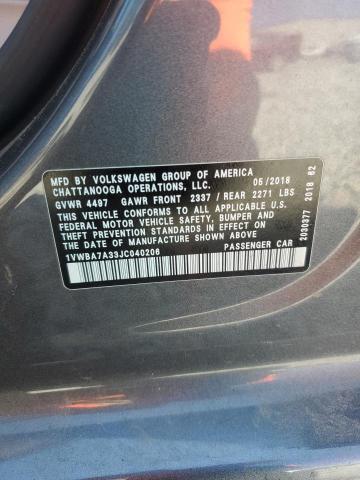 1VWBA7A33JC040206 - 2018 VOLKSWAGEN PASSAT SE Сұр фото 12