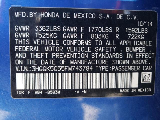 3HGGK5G55FM743784 - 2015 HONDA FIT LX BLUE photo 12