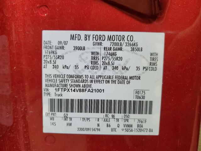 1FTPX14V88FA21001 - 2008 FORD F150 RED photo 12