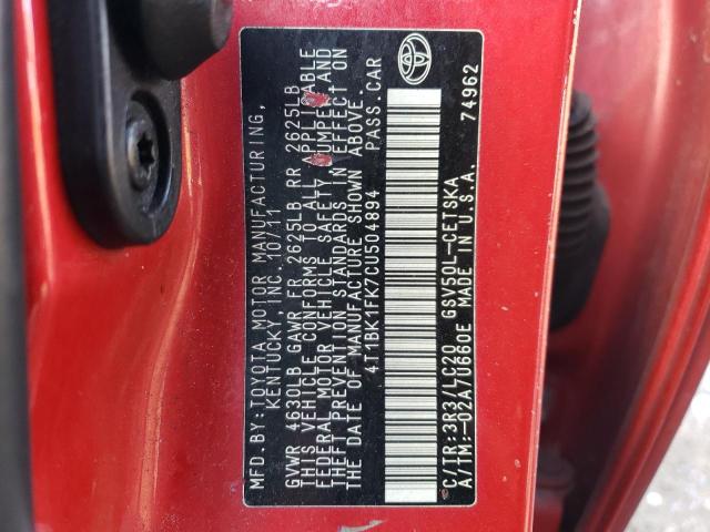 4T1BK1FK7CU504894 - 2012 TOYOTA CAMRY SE RED photo 12