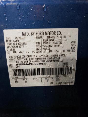 2FMPK4AP0LBB40530 - 2020 FORD EDGE ST BLUE photo 12