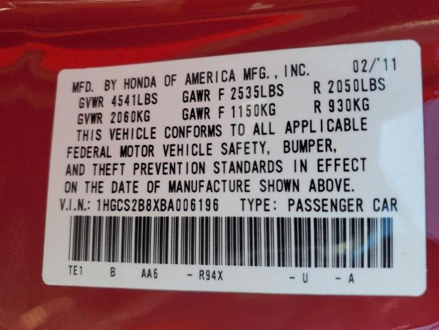 1HGCS2B8XBA006196 - 2011 HONDA ACCORD EXL RED photo 13