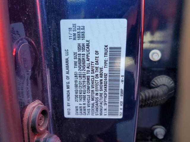 5FPYK3F54KB024492 - 2019 HONDA RIDGELINE RTL Niebieski zdjęcie 13