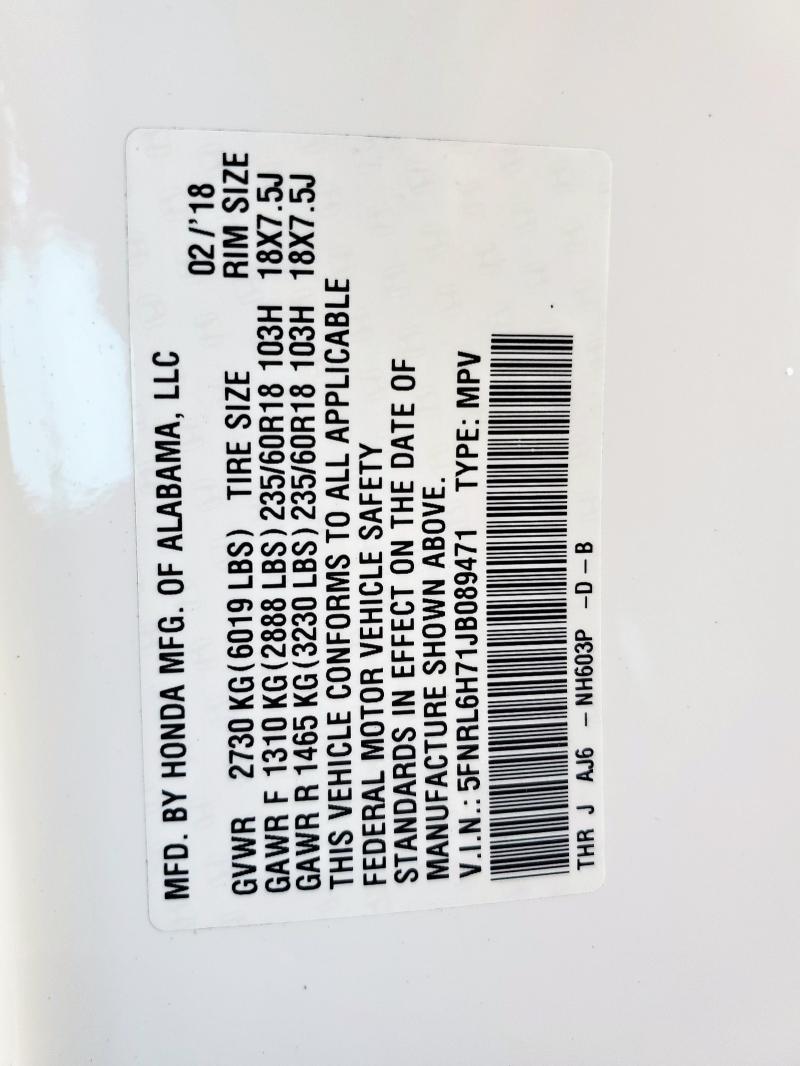 5FNRL6H71JB089471 - 2018 HONDA ODYSSEY EXL WHITE photo 13