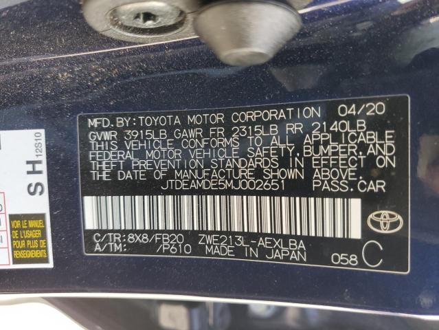 JTDEAMDE5MJ002651 - 2021 TOYOTA COROLLA LE BLUE photo 12