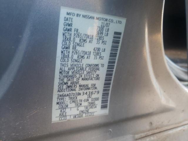 1N6AA07D38N343679 - 2008 NISSAN TITAN XE SILVER photo 12