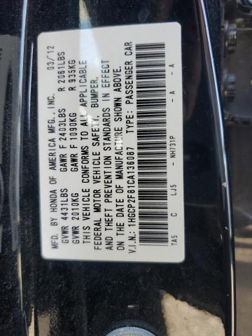 1HGCP2F81CA136087 - 2012 HONDA ACCORD EXL Negro foto 12