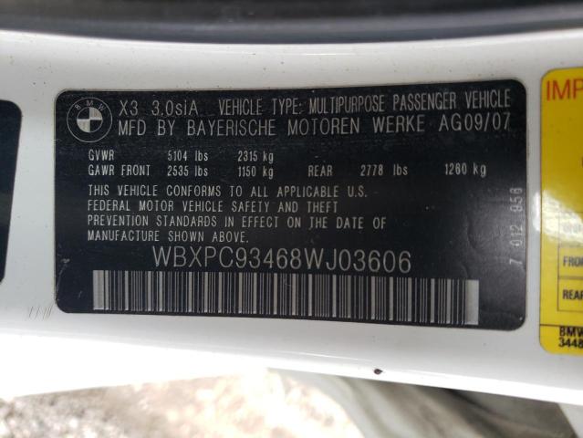 WBXPC93468WJ03606 - 2008 BMW X3 3.0SI WHITE photo 14