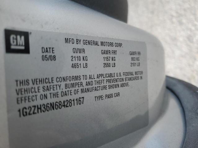 1G2ZH36N684281167 - 2008 PONTIAC G6 GT SILVER photo 12