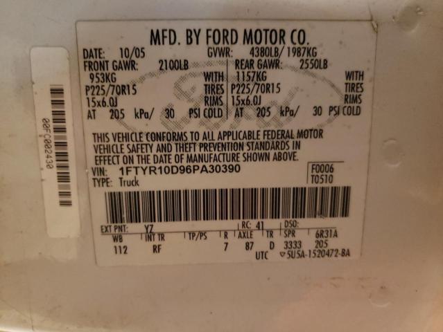 1FTYR10D96PA30390 - 2006 FORD RANGER WHITE photo 12