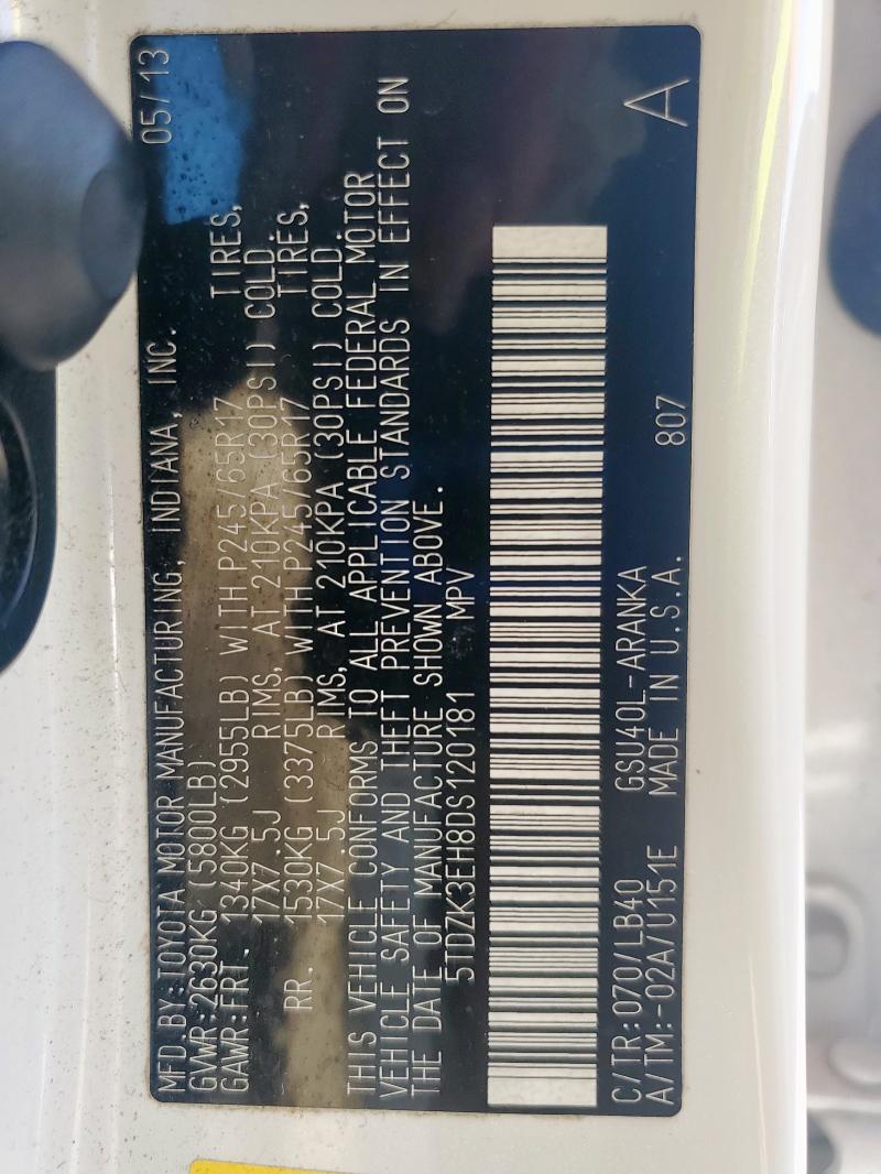 5TDZK3EH8DS120181 - 2013 TOYOTA HIGHLANDER BASE Blanco foto 13