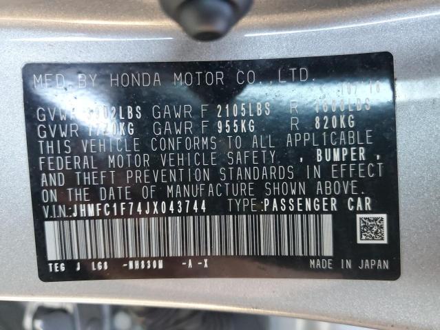 JHMFC1F74JX043744 - 2018 HONDA CIVIC EXL Արծաթագույն լուսանկար 12