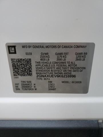 2GNAXUEV6K6216996 - 2019 CHEVROLET EQUINOX LT WHITE photo 13