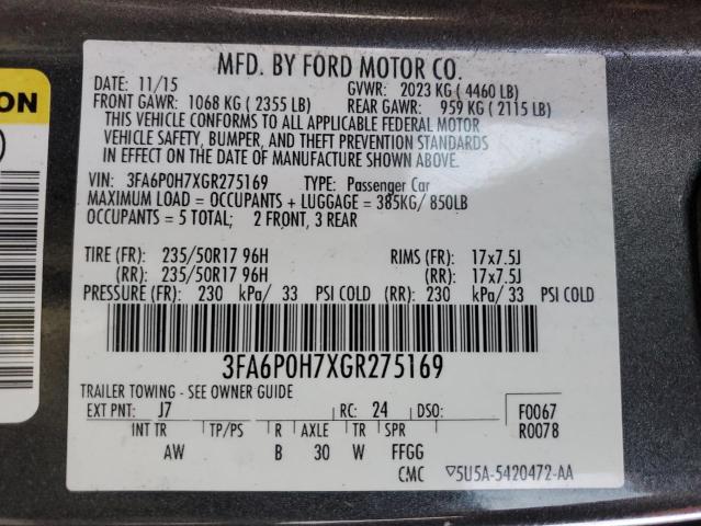 3FA6P0H7XGR275169 - 2016 FORD FUSION SE GRAY photo 12