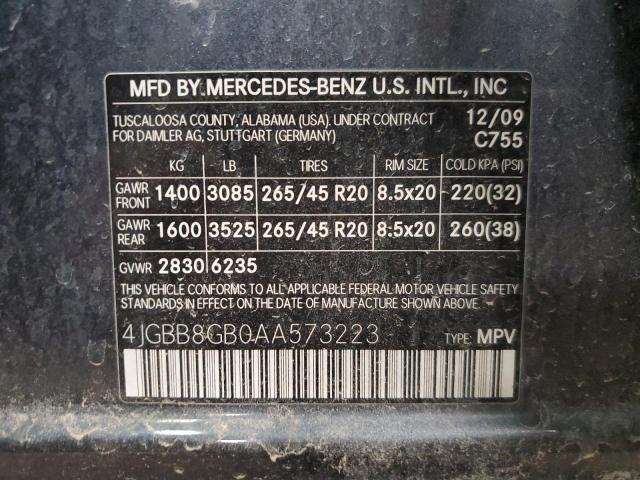 4JGBB8GB0AA573223 - 2010 MERCEDES-BENZ ML 350 4MATIC BLUE photo 12