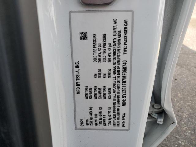 5YJ3E1EB7MF068740 - 2021 TESLA MODEL 3 WHITE photo 12