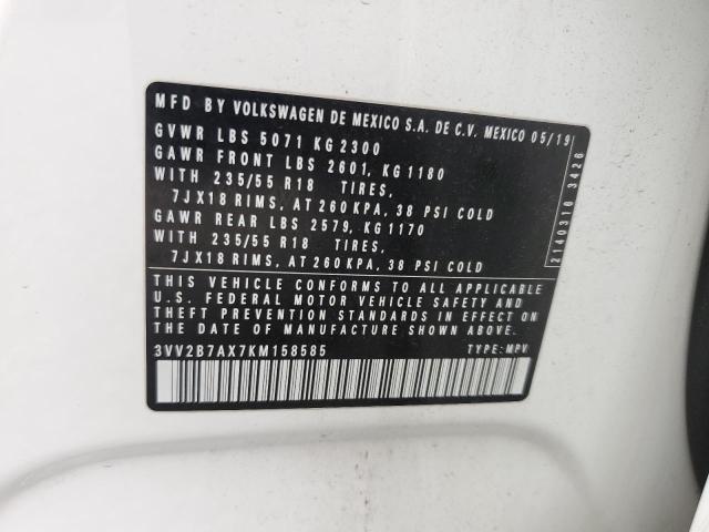 3VV2B7AX7KM158585 - 2019 VOLKSWAGEN TIGUAN SE თეთრი ფოტო 13
