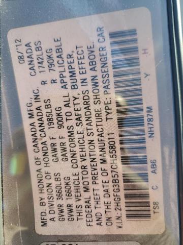 2HGFG3B57CH558011 - 2012 HONDA CIVIC LX BLUE photo 12
