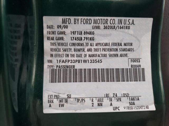 1FAFP33P81W133545 - 2001 FORD FOCUS LX GREEN photo 12