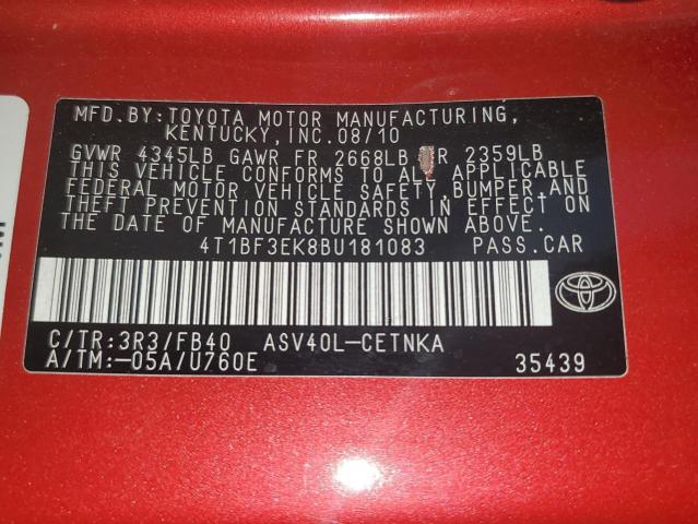 4T1BF3EK8BU181083 - 2011 TOYOTA CAMRY BASE წითელი ფოტო 12