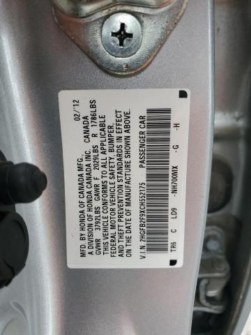 2HGFB2F9XCH552175 - 2012 HONDA CIVIC EXL ვერცხლისფერი ფოტო 12
