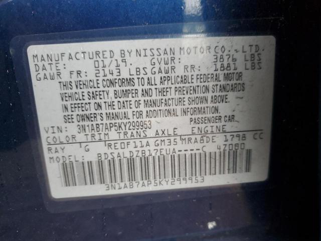 3N1AB7AP5KY299953 - 2019 NISSAN SENTRA S BLUE photo 12