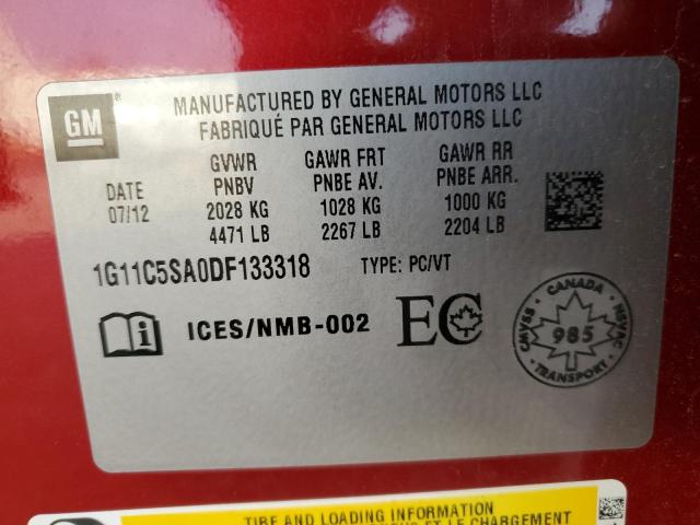 1G11C5SA0DF133318 - 2013 CHEVROLET MALIBU 1LT 红色 照片 12