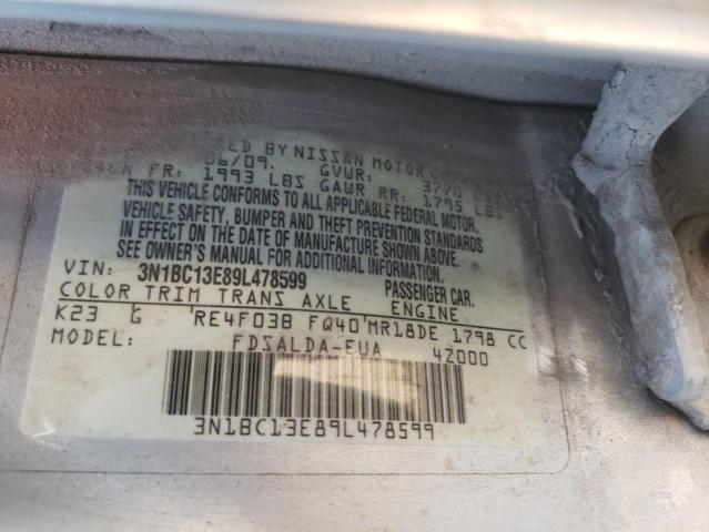 3N1BC13E89L478599 - 2009 NISSAN VERSA S SILVER photo 12