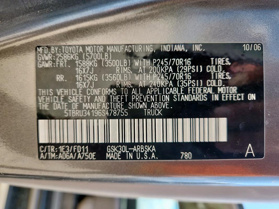 5TBRU34196S478755 - 2006 TOYOTA TUNDRA ACCESS CAB SR5 GRAY photo 12