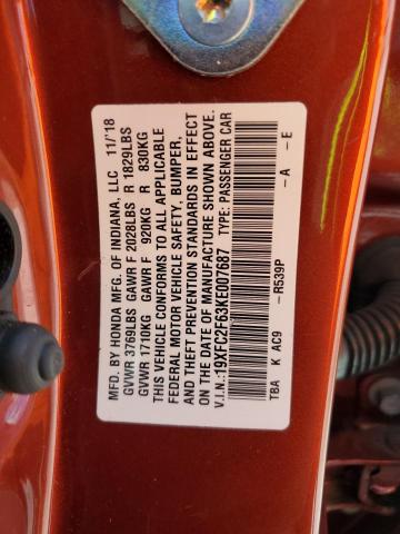 19XFC2F63KE007687 - 2019 HONDA CIVIC LX RED photo 12